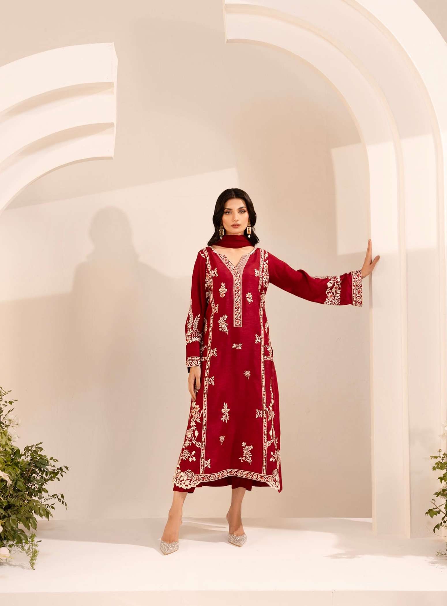 Maroon Mirana 3-Piece Cotton Suit