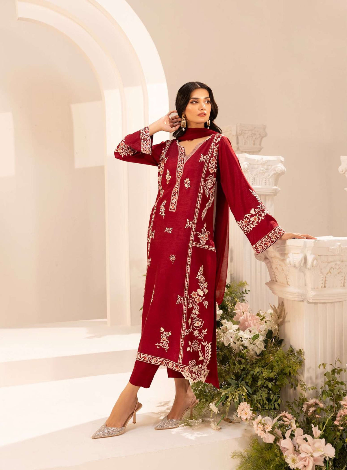 Maroon Mirana 3-Piece Cotton Suit